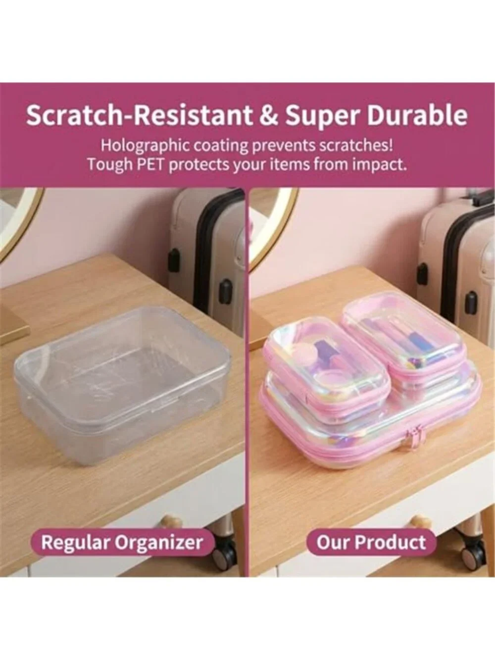 3Pcs Clear Hard Shell Zipper Case TSA Approved Toiletry Bags with Iridescent